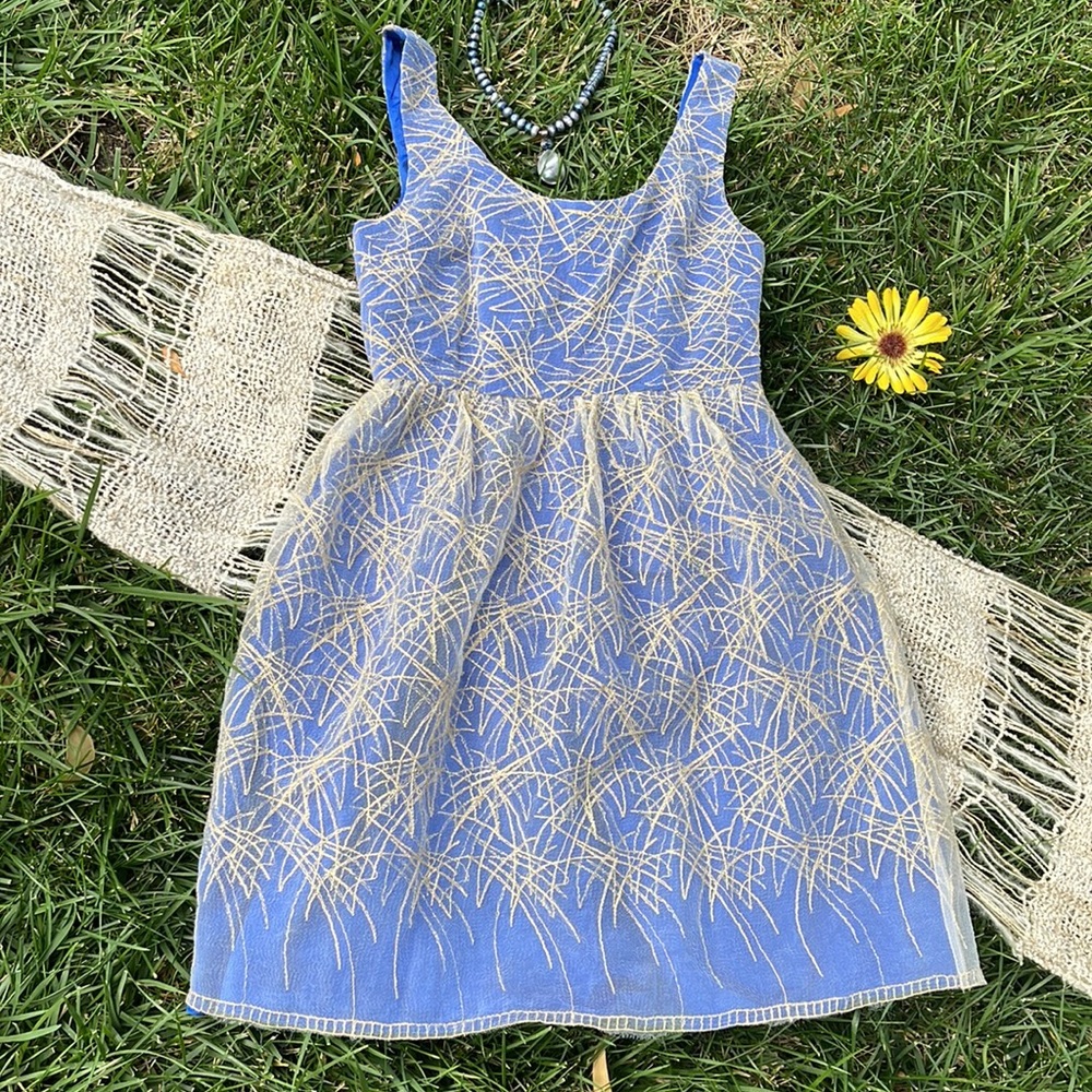 🌺 MINUET; Brand New w/Tags! Unique Blue w/Gold Overlay Party Dress; Misses XS/S
